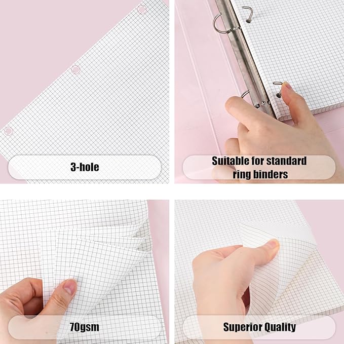 Koogel Graph Paper Filler Paper, 100 Sheets 8" x 10.5" Loose Leaf Graph, 4 x 4 Grid / 4mm Quad Ruled, 3-Hole Punched for 3 Ring Binders, Math, Physics, Engineering & School Supplies