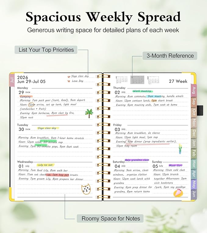 Academic Planner 2026-2027, Hardcover Weekly and Monthly Calendar Planner from July 2026 - June 2027, Daily Agenda Planners with Tabs, College School Organizer for Student Teacher, A5 (6.1" x 8.2"), Black