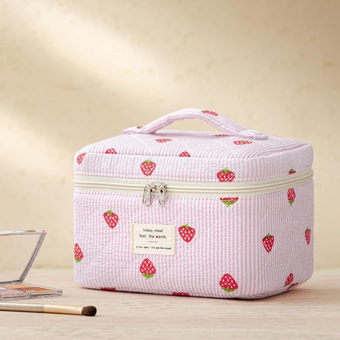 HBselect Quilted Makeup Bag, 3Pcs Cotton Large Travel Makeup Bags Organizer | Cute Floral Make up Bag Cosmetic Bag Toiletry Bag for Women Girls, Makeup Pouch for Skincare, Brushes & Travel Essentials