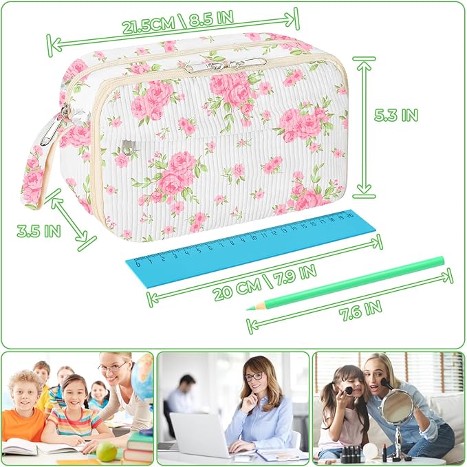 WOBAGMEN Cute Pencil Case,Large Corduroy Zippered Pencil Case Pouch, aesthetic Pencil Bag with Compartments, Pencil Pouch School Supplies (Big Pink Floral)