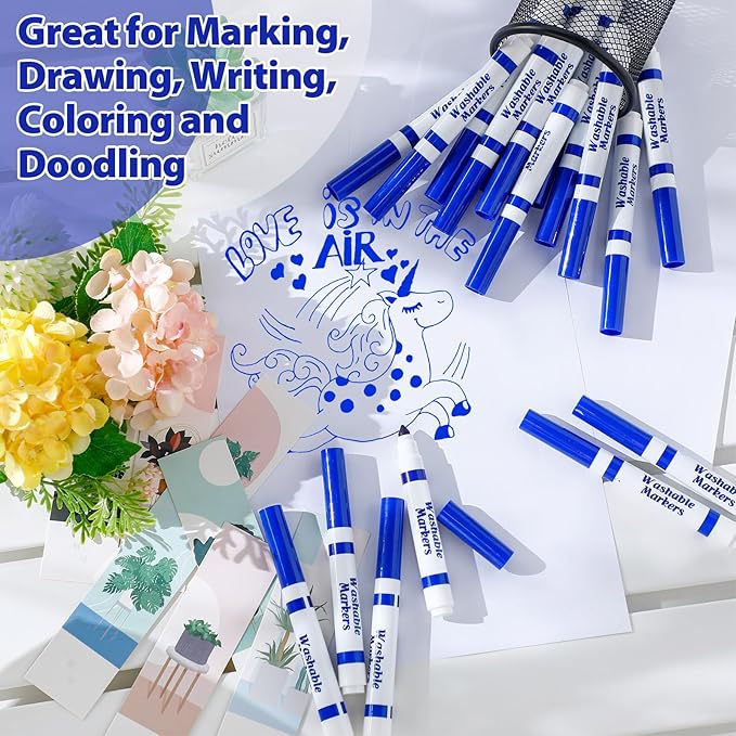 36 Pcs Blue Washable Markers Bulk Coloring Broad Line Markers for Kids Blue Conical Tip Drawing Pen for Christmas,School Supplies, Travel Art Baby Shower Gender Reveal Party Supplies, Ages 6+
