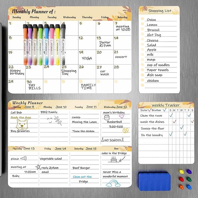 MARSROCK Refrigerator Calendar Magnetic, 16.3x11.7” (4-Pack) – Weekly & Monthly Planner, Chore Chart, Grocery/to-Do List for Fridge, Includes 8 Markers, 6 Magnets & 1 Eraser for Kitchen, Yellow