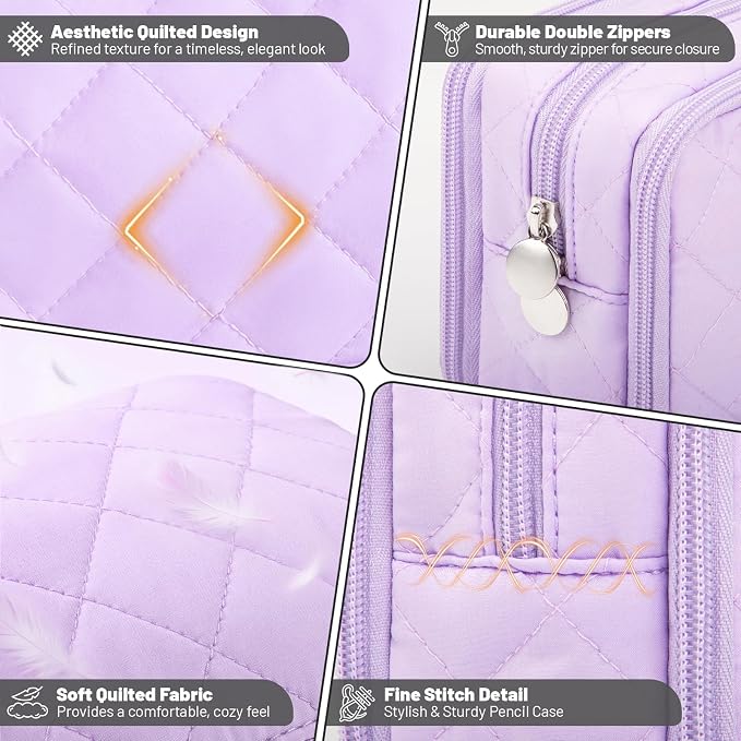 Cute Pencil Case for Girls kids Soft Quilted Pencil Pouch Bag Organizer | With 3 Compartments,Big Capacity Marker Crayon Storage Bag Large Double Zipper Art Bag For Kids School College Boys Women