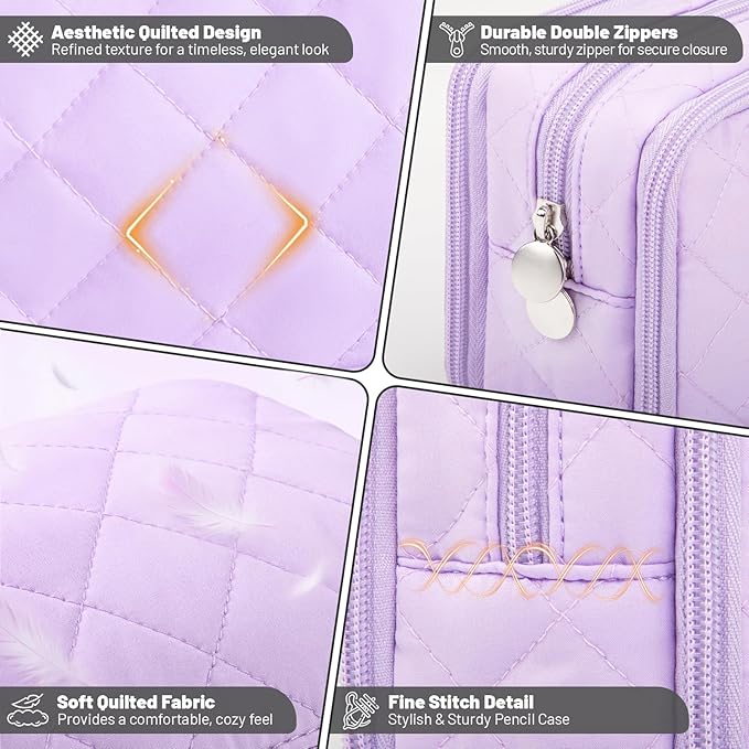 Cute Pencil Case for Girls kids Soft Quilted Pencil Pouch Bag Organizer | With 3 Compartments,Big Capacity Marker Crayon Storage Bag Large Double Zipper Art Bag For Kids School College Boys Women