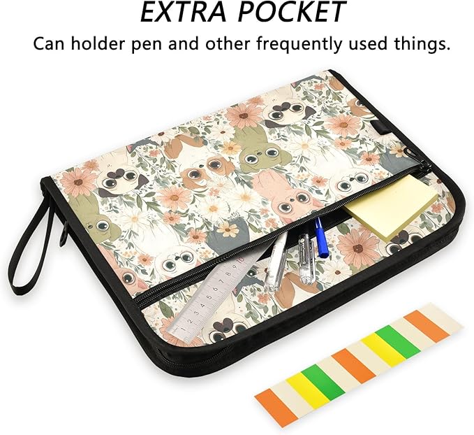 Cats Dogs Flowers Pattern 13 Pocket File Organizer Expanding File Folder with Front Pouch Portable Business File Storage Document Organizer Folder with Zipper