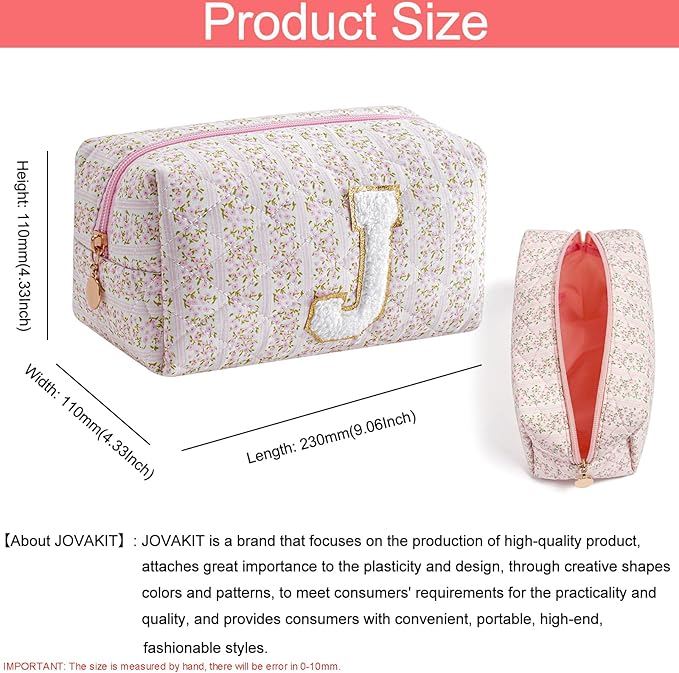 JOVAKIT Alphabet Makeup Bag Cosmetic Bag for Women, Christmas Gifts for Girls Age 6-18, Floral Flowers Coquette Travel Toiletry Zipper Make Up Pouch Organizer Trendy Stuff (Pink Floral J)