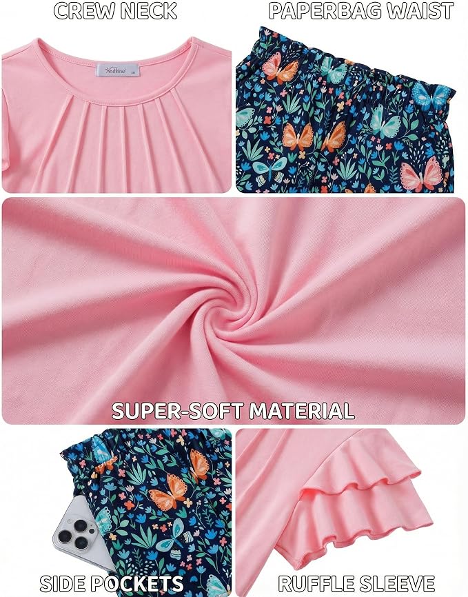 Arshiner Girls 2 Piece Outfits Summer Ruffle Sleeve Top and Paperbag Waist Shorts Set with Pockets Size 5-13 Years