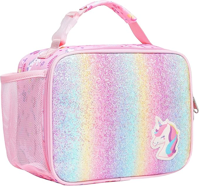 Bagseri Kids Lunch Bag Girls - Thermal Insulated Lunch Box Tote with Water Bottle Holder, Reusable Leak-Proof Kids Lunch Box for Daycare & School, Glitter Pink Unicorn (Containers Not Included)