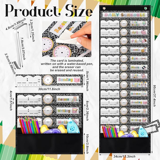 Chiisong Daily Schedule Pocket Chart, Boho 14+1 Pocket, with 40 Pcs Reusable Dry Eraser Cards Calendar for Classroom Toddler Schedule Chart Office Home Activity(Black and White Stylish)