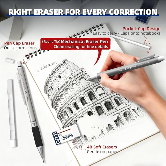 WUO 0.5 mm Mechanical Pencil Set with Eraser Pen Storage Case, 6 PCS | Metal Drafting Pencils, 360 HB Lead Refills, 3x4B Erasers, 12 Eraser Refills for School Artist Writing Drawing Sketching