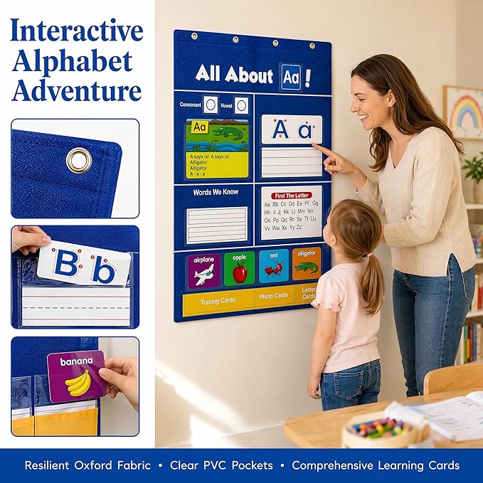 TEPU Alphabet Learning Pocket Chart for Kids, ABC Wall Chart with Flash Cards, Letter Tracing & Handwriting Practice, Preschool Kindergarten Homeschool Learning Activities, All Bbout 26 Letters Set