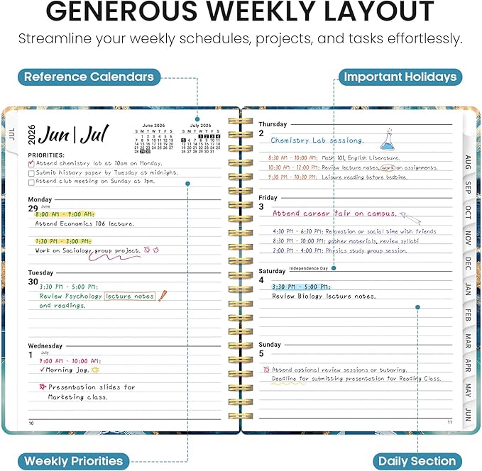 Planner 2026–2027, Academic Monthly Weekly Spiral Calendar, July 2026 – June 2027, Hardcover Agenda Notebook with Tabs, 6.3" x 8.5", Perfect for Students, Teachers, School & Daily Planning - Blue Agate