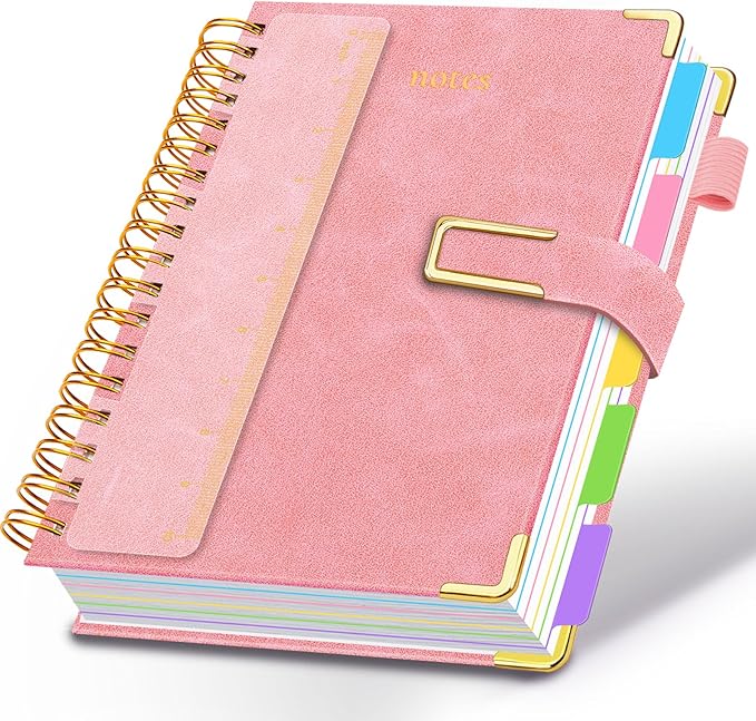Hardcover Spiral Notebook College Ruled, 8.5"x11" Leather Journal Notebook with Magnetic Closure, 300 Pages 5 Subject Notebook with Dividers Tabs Journal for Women Men, Work, School(Pink)