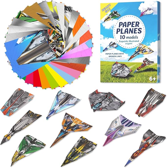 AluAbi Paper Airplane Kits, 60 Sheets Double Sided Colored Origami with Instructions Book and Video, Birthday Crafts Gift for Kids Ages 6-12
