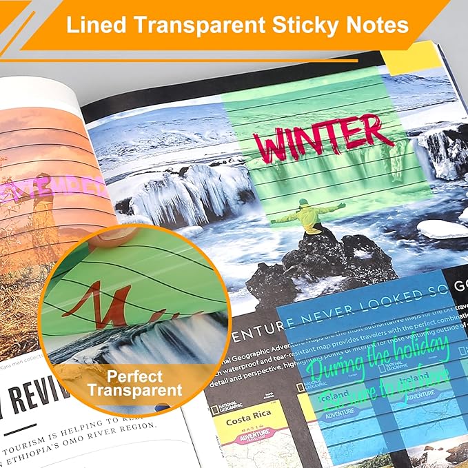 300 Sheets Lined Transparent Sticky Notes, 3x3 Inch 6 Colorful Clear See Through Translucent Self-Adhesive Post Memo Reminder Tabs with Line for Office Woman College School Students Classroom Supplies