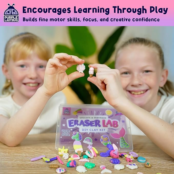 PURPLE LADYBUG Eraser Lab Mermaid & Unicorn Eraser Making Kit - Birthday Gift for Girls Ages 5-10, Make Your Own DIY Clay Eraser Kit, Gift for 7 Year Old Girl, Back to School Supply
