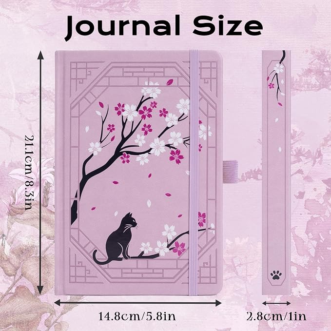 TIEFOSSI A5 Lined Journal, Cute Cat Journal for Women Girls, College Ruled Notebook with Pretty Sakura Pattern, Aesthetic Diary for Writing Journaling Drawing, Golden Edges