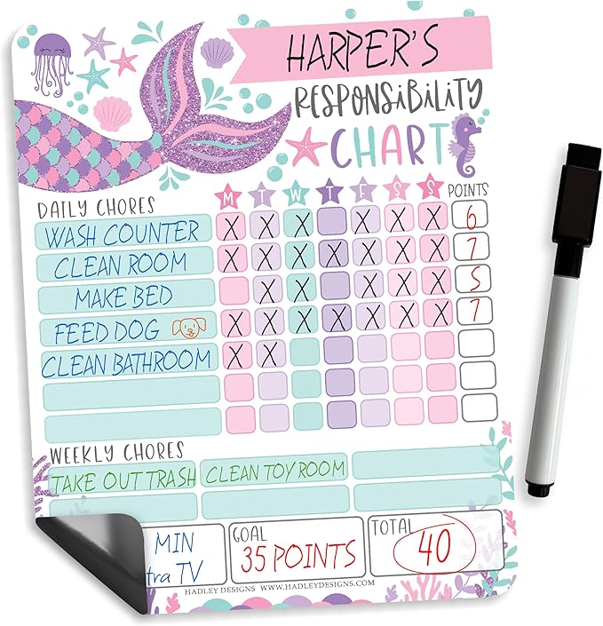 Hadley Designs Magnetic Chore Chart for Kids – Reward Chart for Kids, Dry Erase Responsibility Board for Children at Home, Fridge Behavior Tracker for Daily & Weekly Tasks, Mermaid Toddler Chore Board