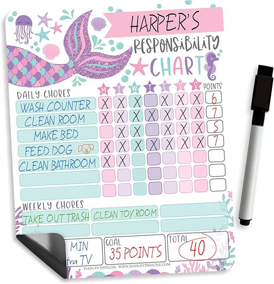 Hadley Designs Magnetic Chore Chart for Kids – Reward Chart for Kids, Dry Erase Responsibility Board for Children at Home, Fridge Behavior Tracker for Daily & Weekly Tasks, Mermaid Toddler Chore Board