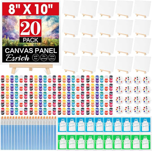 ESRICH 20 Pack 8x10 Canvas and Easel Set, Mini Acrylic Paint, Paint Brushes, Palettes, Aprons, Sip and Paint Kits for Adults Couples Friends Date Night Painting Party Supplies