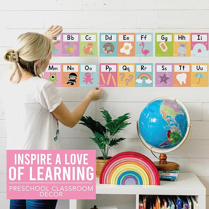 Hadley Designs Alphabet for Classroom Wall Decor - ABC Posters for Classroom Wall Chart Preschool & Kindergarten, ABC Letters & Number Line Elementary, Alphabet Cards, Pastel Classroom Decor