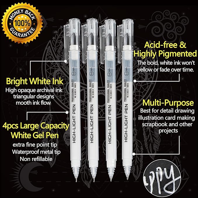 Qionew White Gel Pens,1.0mm,0.8mm,0.6mm Fine Point Assorted Tip, Opaque White Archival Ink Pen for Black Paper Drawing, Sketching, Illustration, Bullet Journaling,4-Pack