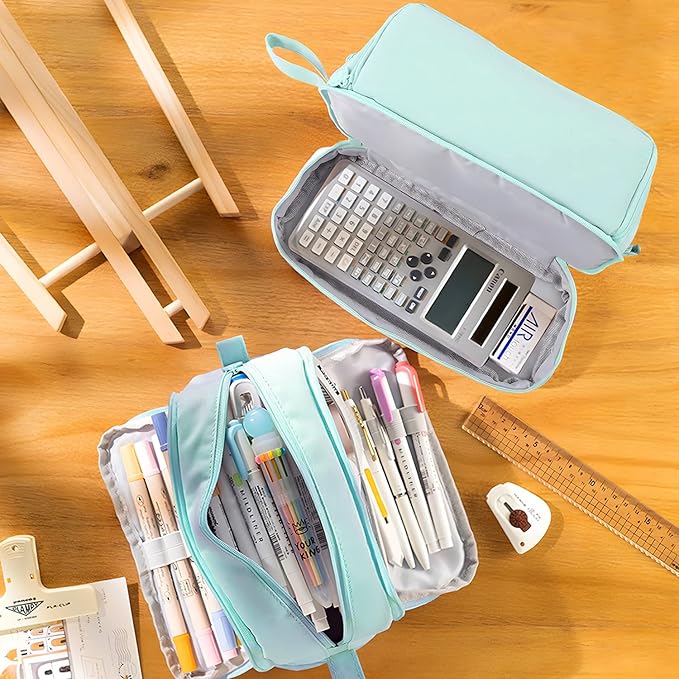 Large Capacity Pencil Case 4 Compartments, Pencil Pouch Bag with Zipper Portable Handle, Pen Case Bag Stationery Organizer for Office College School Adults Teen Girls Boys Men Women, Light Green