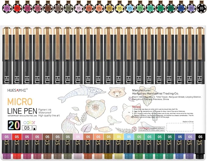 05 Micro Pen, 20 Colors Waterproof Ink 0.48mm Fine Tip FineLiner Pens for Art Drawing, Illustration, Sketching, Anime, Manga, Coloring, Bullet Journal, and Technical Writing