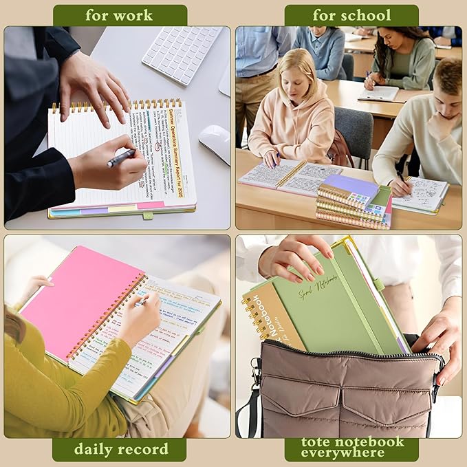 Hardcover Spiral Notebooks for Work, 5 Subject Notebook College Ruled with Dividers Tabs, Lined Organizer Notebook Journal for Women, 240 Pages Small A5 Notebooks for School Note Taking, 5x7 Green