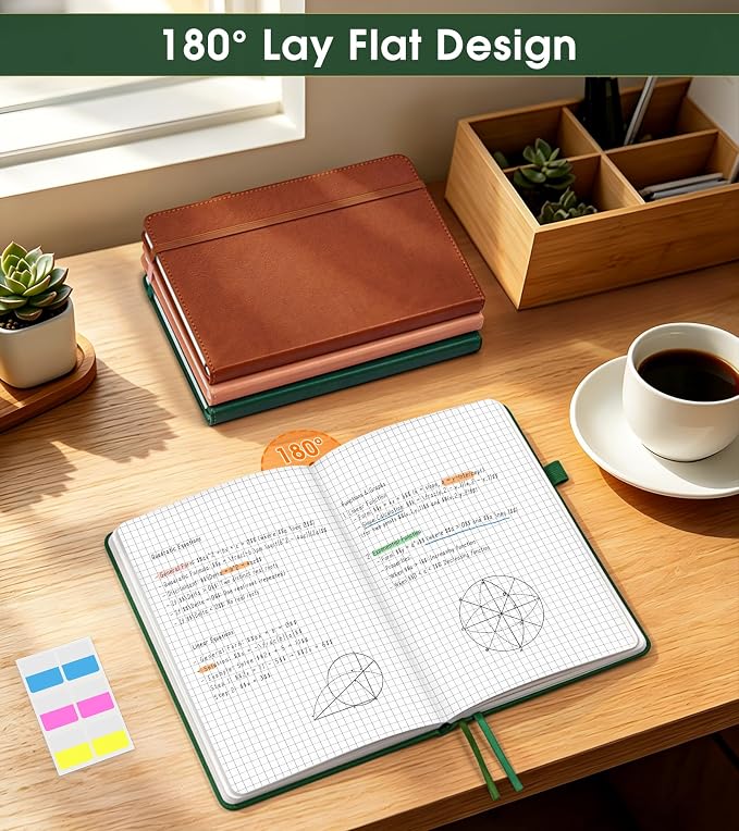 A5 Leather Hardcover Graph Paper Notebook, 160 Pages (5 Squares/Inch), 180° Lay-Flat Binding, 100 GSM Thick Paper, for Math, Engineering, Students & Technical Work (Green)