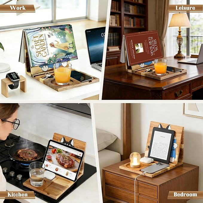 Wooden Foldable Book Holder Stand for Reading Rest,Acacia Triangle Book Holer with Cup,Glasses,Pen,Watch & Phone Stand,Book Rest,Book Nook Reading Valet for Readers and Bookworms Gifts