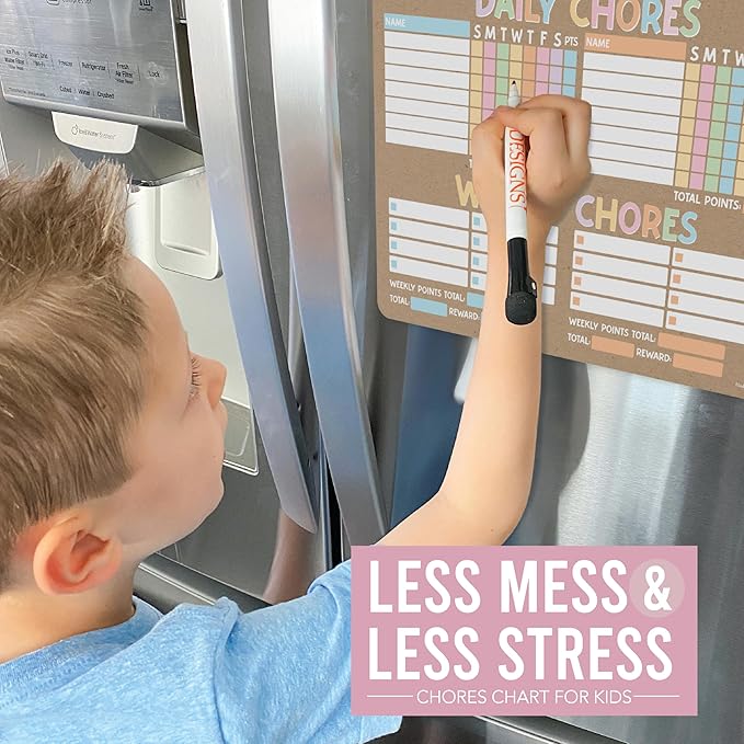 Hadley Designs Magnetic Chore Chart for Kids Multiple - Chores Board for Refrigerator, Dry Erase Task Chart for 2 Kids Daily Behavior, Family Weekly Planner for Teens and Adults, Kraft Chore Board