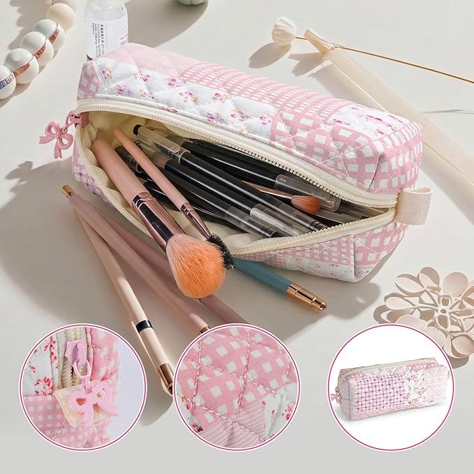 Cute Quilted Pencil Case for Girls Women, Aesthetic Small Floral Pencil Pouch,Slim Soft Pencil Bag for School Supplies Makeup Pouch for School & Daily Use (Pink Patchwork)