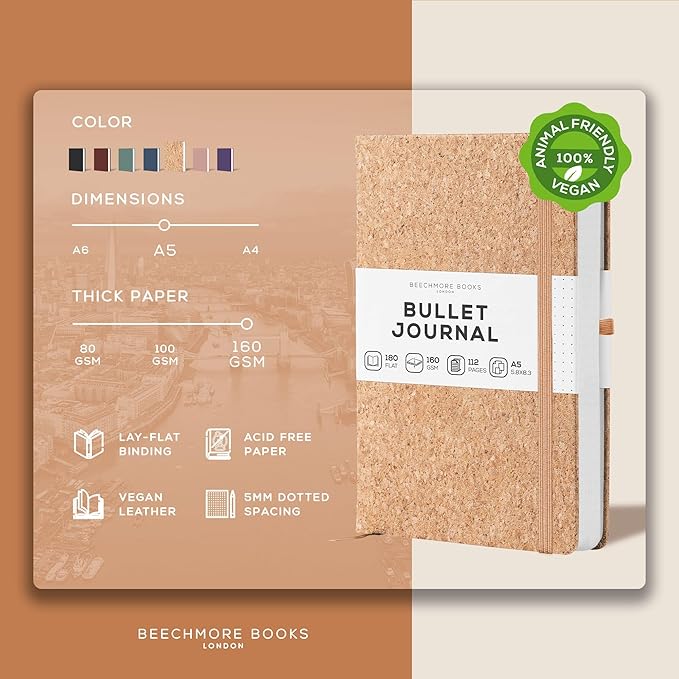 BEECHMORE BOOKS A5 Dotted Journal – 160gsm Thick Paper No-Bleed Bullet Notebook – Hardcover Dot Grid Logbook with Presentation Gift Box – Vegan Leather Sketchbook for Artists & Professionals