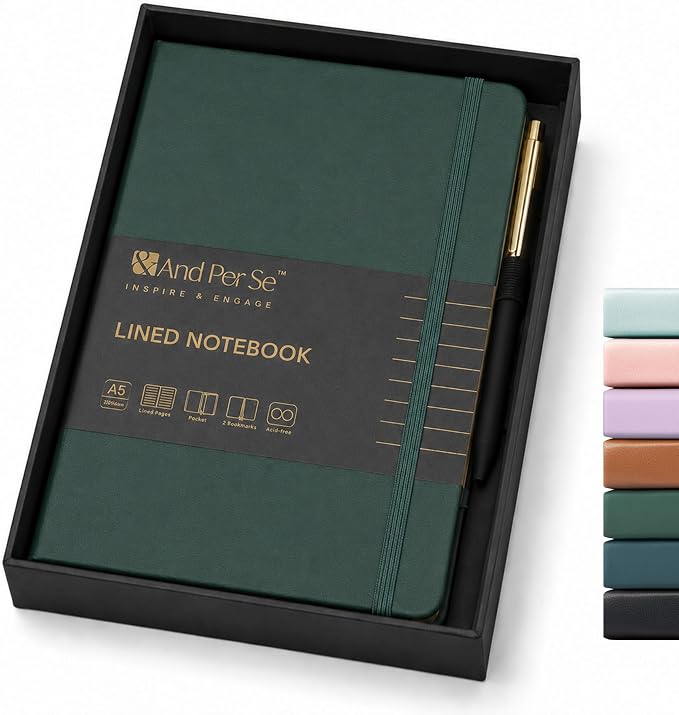&And Per Se Lined Journal and Pen Set, A5 Leather Journal Stationery Set, 160 Pages 100GSM Thick Paper, Notebook Gift Set (Green)