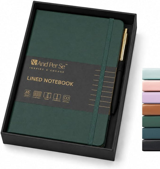 &And Per Se Lined Journal and Pen Set, A5 Leather Journal Stationery Set, 160 Pages 100GSM Thick Paper, Notebook Gift Set (Green)
