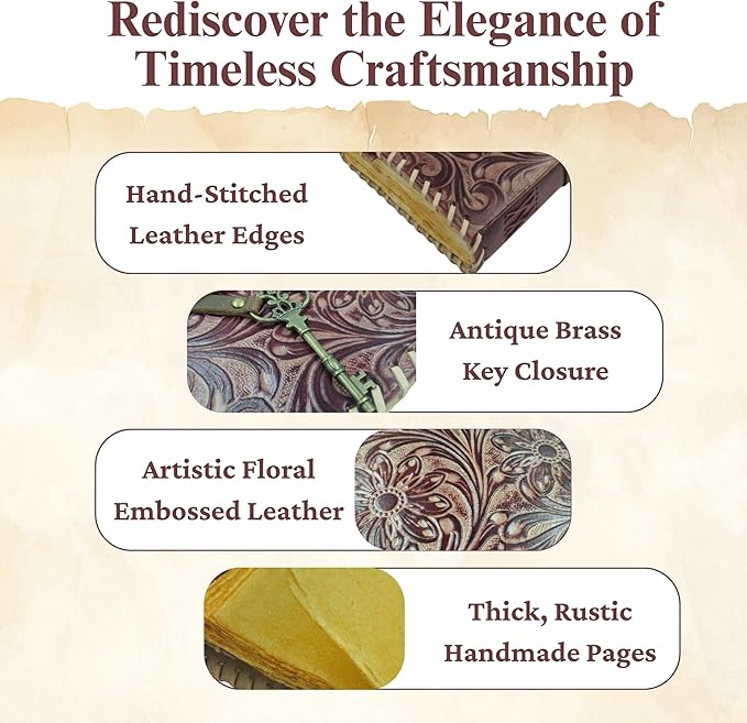 Vintage Leather Journal with Key Closure - Handmade Vintage Deckle Edge Paper - Leather Bound Journal for Women Men - Gift for Writers