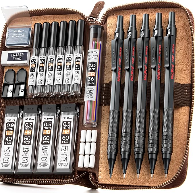 Nicpro 20PCS Black Metal Mechanical Pencil Set in Leather Case | Drafting Pencil 0.3/0.5/0.7/0.9/2mm Lead Holders, 9 Tube (4B 2B HB 2H Colors) Lead Refills, Erasers For Art Sketching Drawing
