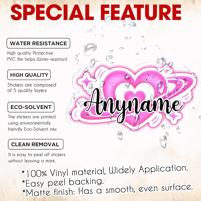 Custom Girly Heart Name Sticker Personalized Text Feminine Feminist Aesthetic Decal Waterproof Vinyl Decal for Water Bottles Tumblers Laptops Hard Hat Cars Kindle for Women Men Teachers