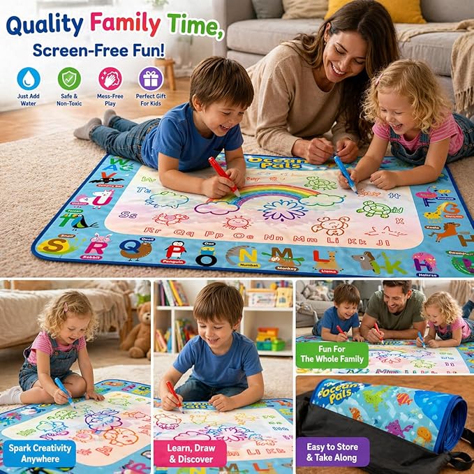 Water Doodle Mat for Kids, Large 40 x 32 Aqua Magic Reusable Drawing Mat, Mess Free Coloring & Writing Toy, Educational Gift for Toddlers Boys Girls