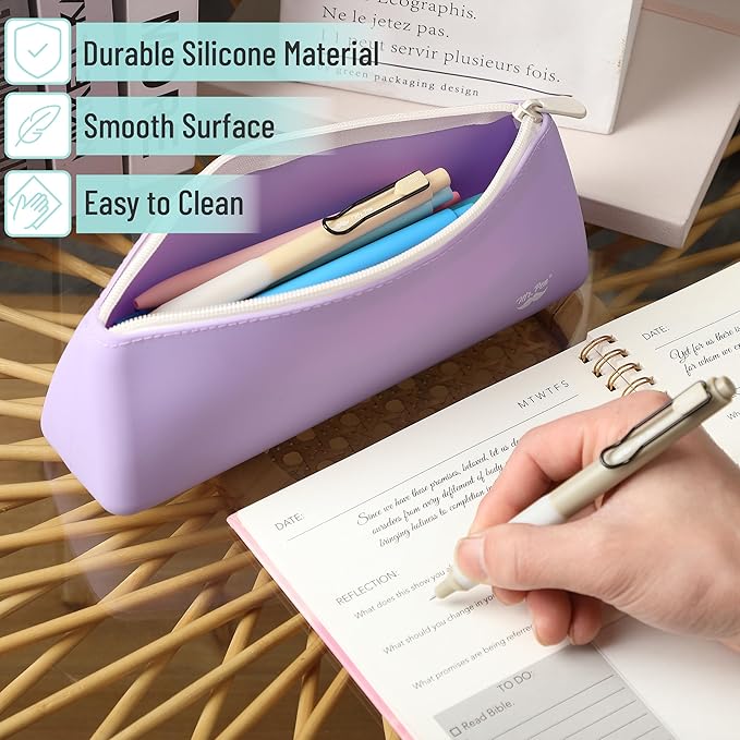 Mr. Pen- Silicone Pencil Case Pouch, Pastel Lavender, Aesthetic Triangular Design, Multipurpose, Aesthetic Pencil Case Small, Silicone Makeup Bag