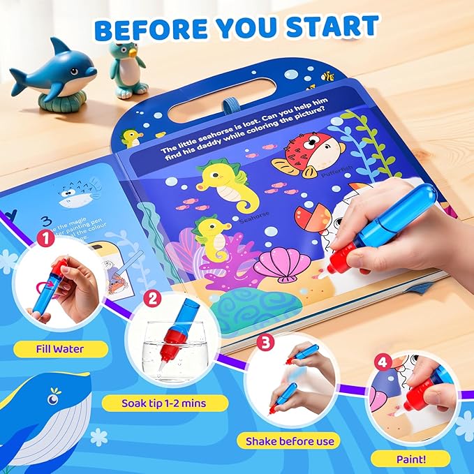 JoyCat Ocean Water Coloring Book for Toddlers 3-5, Reusable No-Mess Water Painting Book with Water Pen, 13 Activity Pages, Travel Toy Gift for Boys & Girls