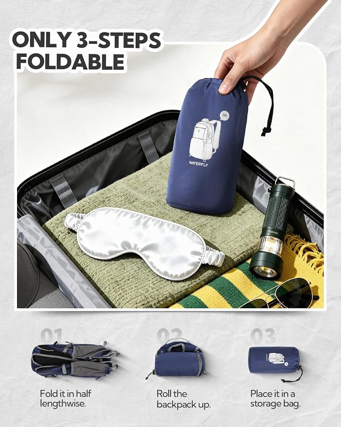 WATERFLY Packable Hiking Backpack, 20L Small Lightweight Foldable Daypack | Phone Pocket, Only 3 Steps Foldable, Breathable Shoulder Strap, Comfortable Folding Bag Pack for Women Men Travel Outdoor