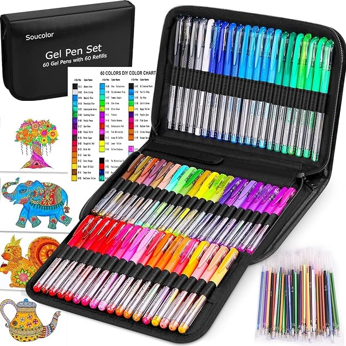 Soucolor Gel Pens for Adult Coloring Books, Deluxe 120 Pack-60 Colored Gel Pens, 60 Refills, with 40% More Ink, Art Markers Set, Black Case for Drawing Journaling Scrapbooking Art Kit Supplies