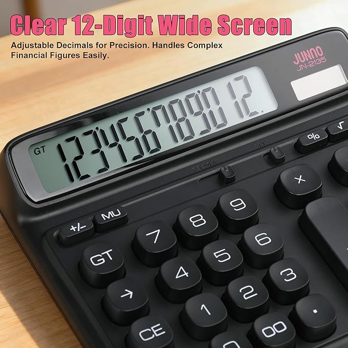 12-Digit Desktop Calculator, Modern Color-Clash Aesthetic Design, Dual Power (Solar & Battery), Ergonomic Tilted Large LCD Display for Office, School and Accounting (Black)