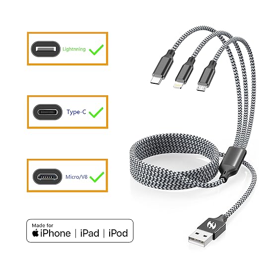 Multi Charging Cable 2ft 2Pack 3 in 1 Charger Cord, Short Multiple Rapid Nylon Braided Cable USB Charging Cable Multi Phone Charger Cord with Type C Micro Lightning USB Connectors for Cell Phones