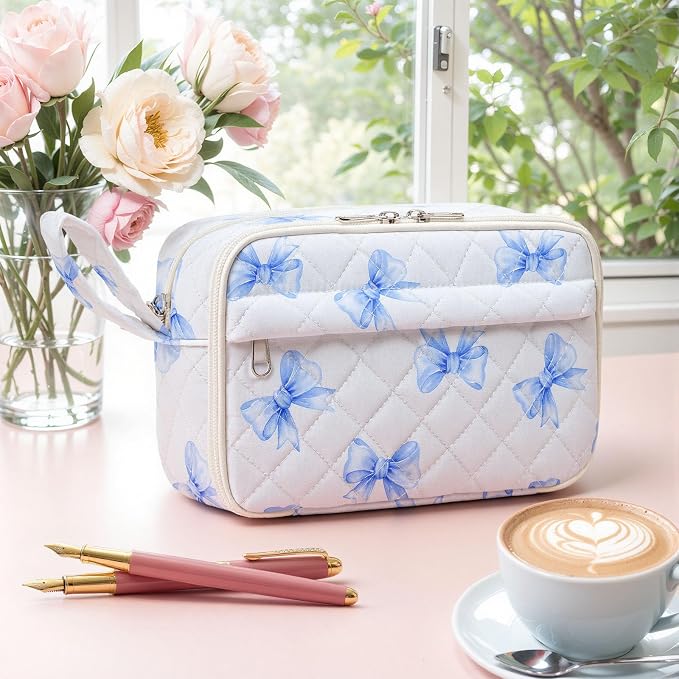 WOBAGMEN Quilted Pencil Pouch for Women, Large Capacity Pencil Case with Compartments, Cute Aesthetic Pencil Organizer, Floral Stationery Pouch（Blue Bow）