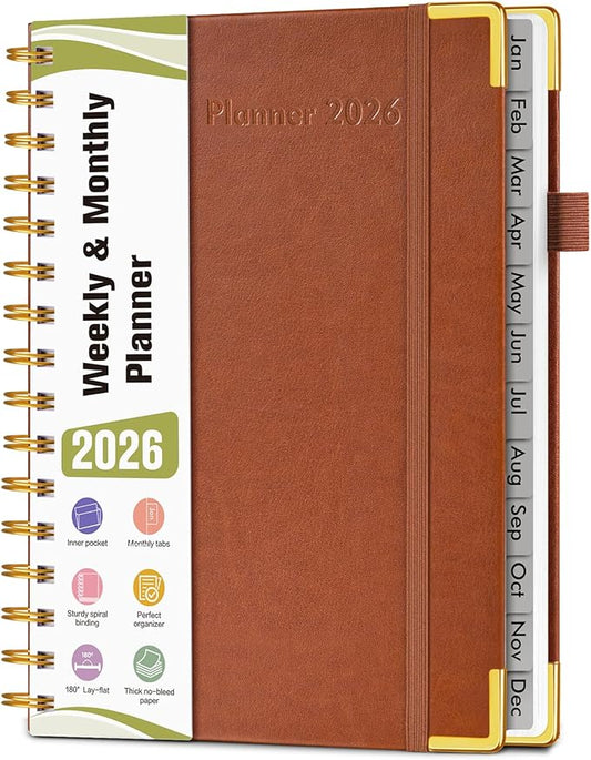 2026 Planner, Hardcover Leather Weekly and Monthly Planner, January 2026 - December 2026, Spiral Yearly Agenda Organizer Book 2026 with Tabs, Daily Calendar Planners for School Work Home, A5 (5.75" x 8.38"), Brown
