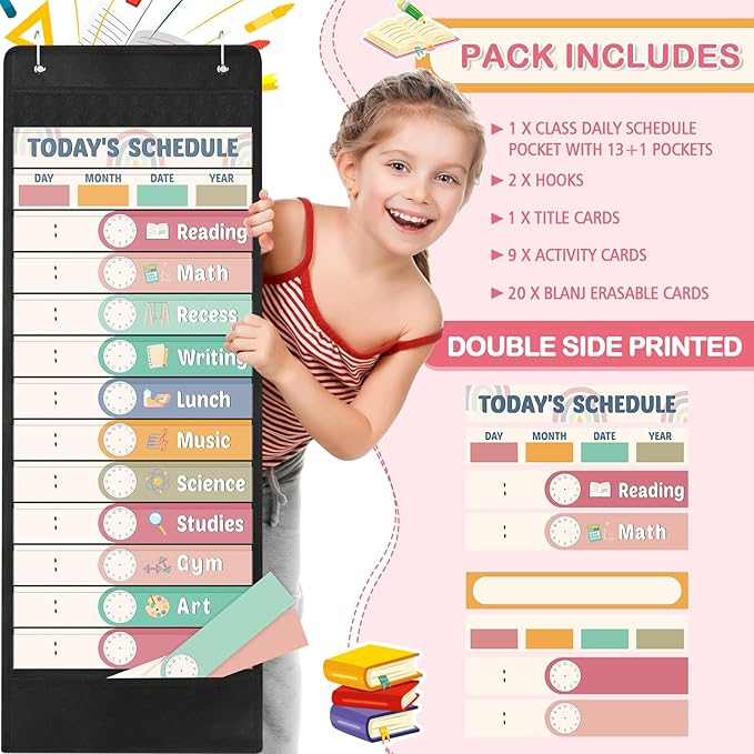 Pasimy Daily Schedule Pocket Chart with 31 Reusable Cards and 14 Pockets Classroom Decor Farmhouse Schedule Charts for School Office Home Educational Activity (Rainbow)