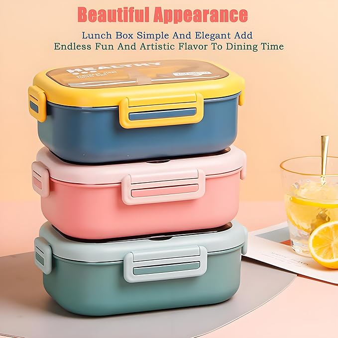 Stainless Steel Lunch Box, 2 Compartment Bento Box for Adults, Easy to Clean, Leak-Proof Design, Food Storage Container with Tableware for Family, Work, Picnics and Travel(850ml, Blue)
